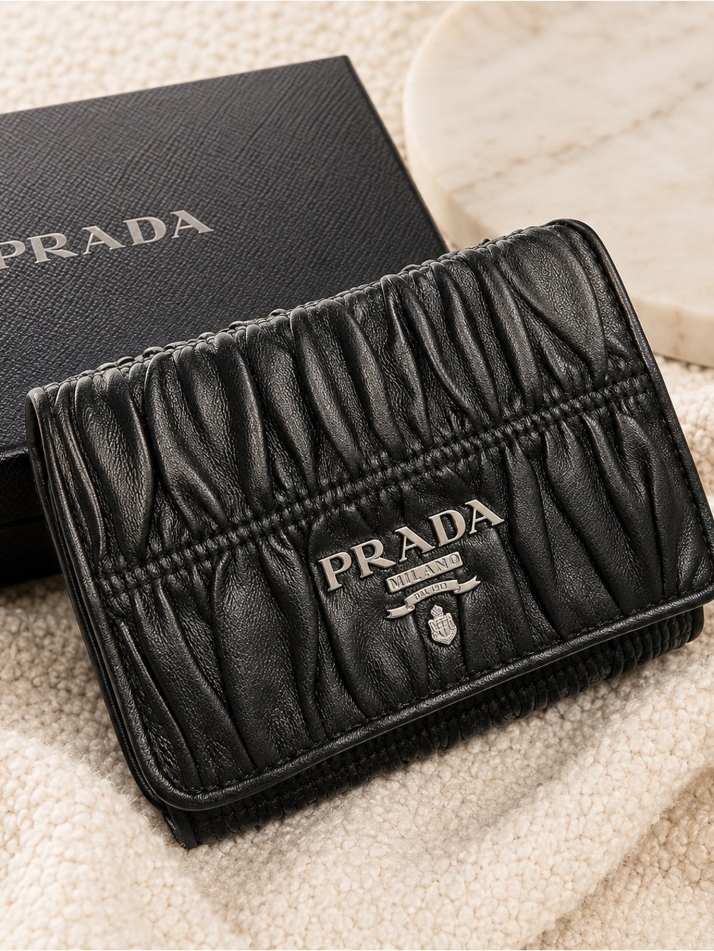 NIB Prada Black Ruched Nappa Leather Wallet Silver Logo